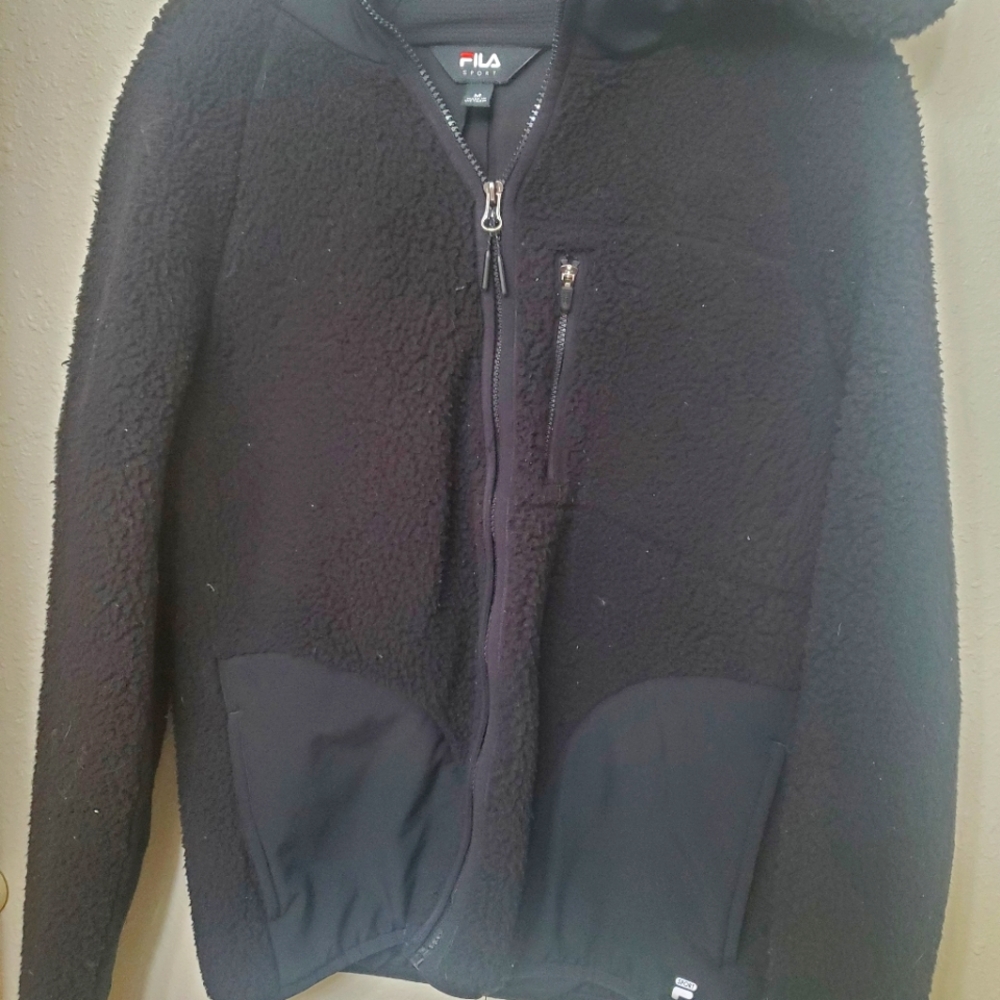 Fila black fuzzy zip-up jacket; size medium